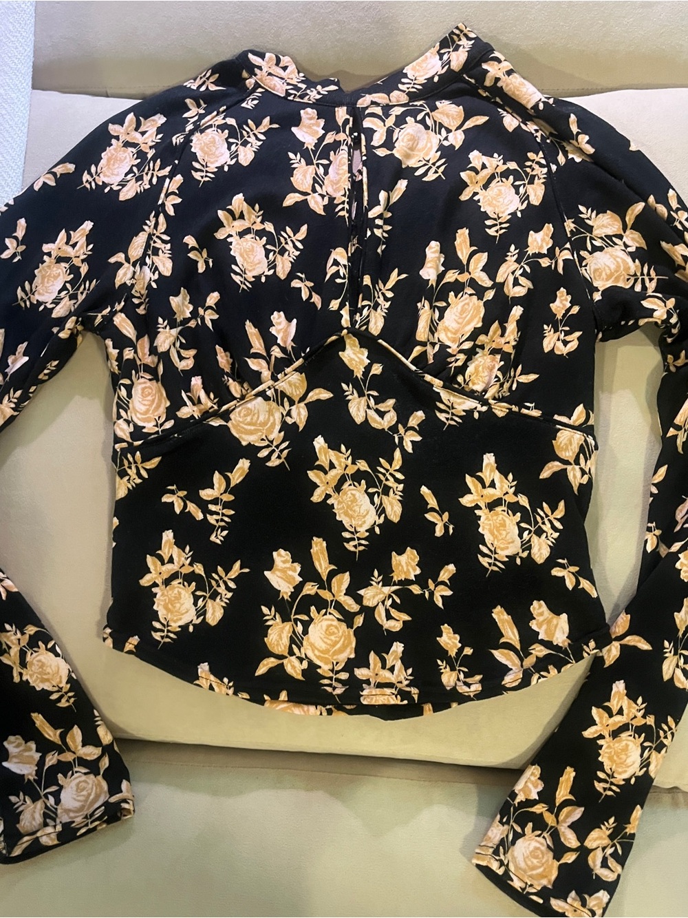 Free People Black and Cream Floral Long-Sleeve Peplum Top